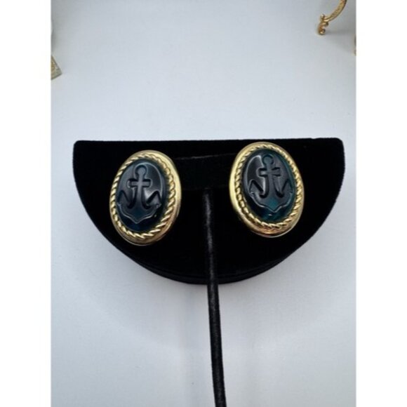 TRIFARI TM Blue Cabochon Earrings Elegant Oval Clip On Acrylic Anchor Design - Picture 1 of 16